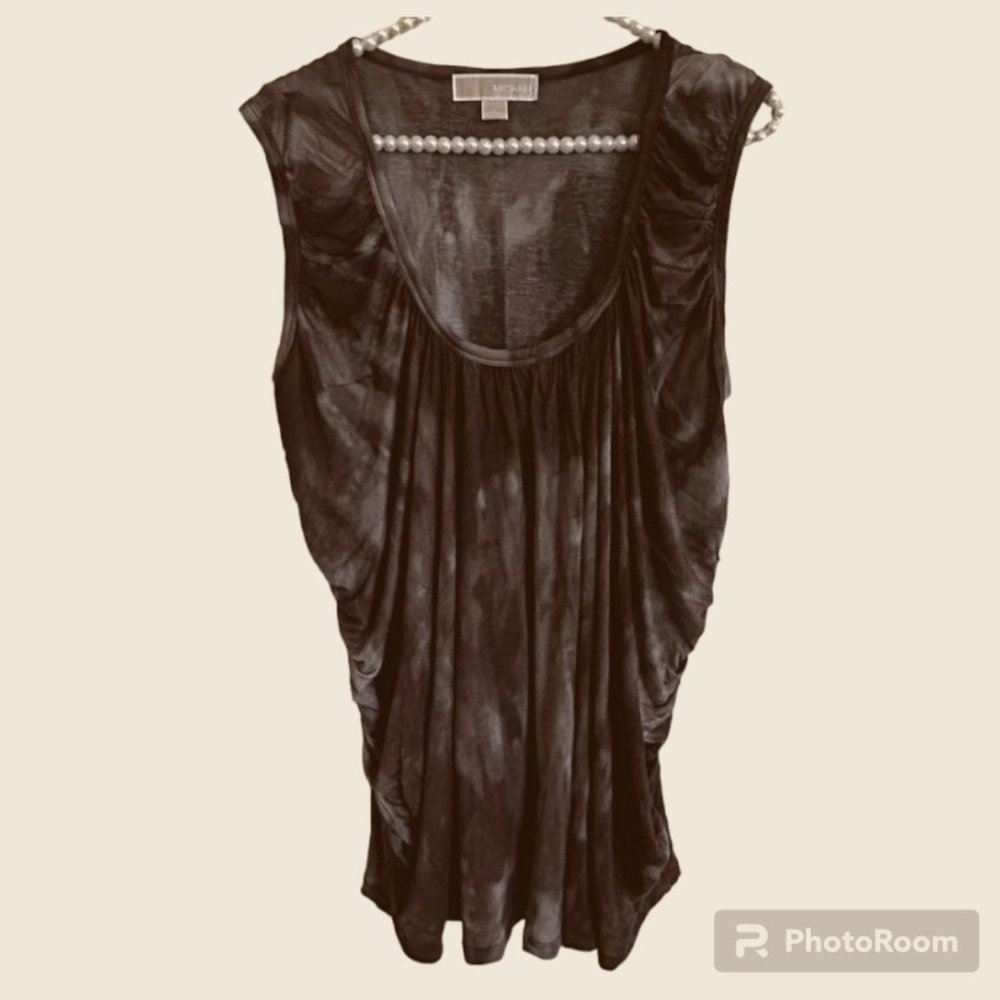 💐🌷EUC Michael-Michael Kors Brown/Gray Tie-Dyed Ruched Sleeveless Top   Size L